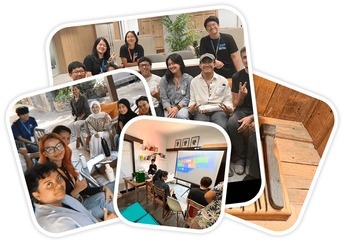 Collage of photos from community visits across Bali: team interviews, a workshop session, and a craft studio.